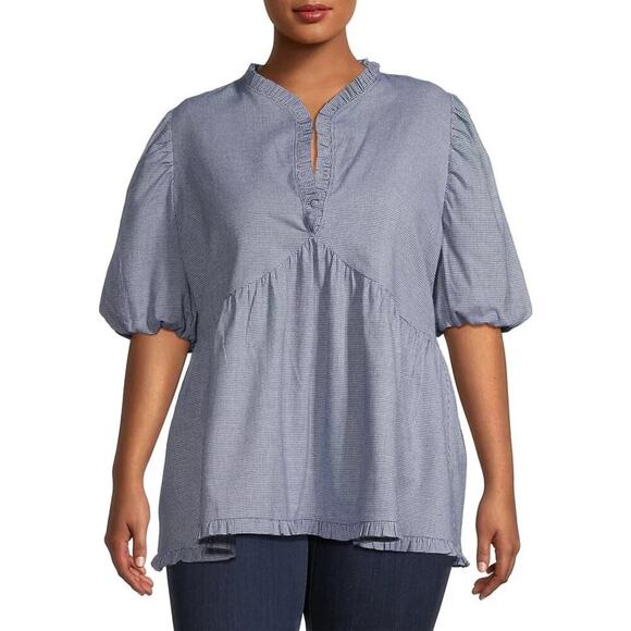 Harshman “Aiya” Blouse in a Navy Houndstooth with Ruffle Trim – NWT – Size Large - Picture 2 of 11